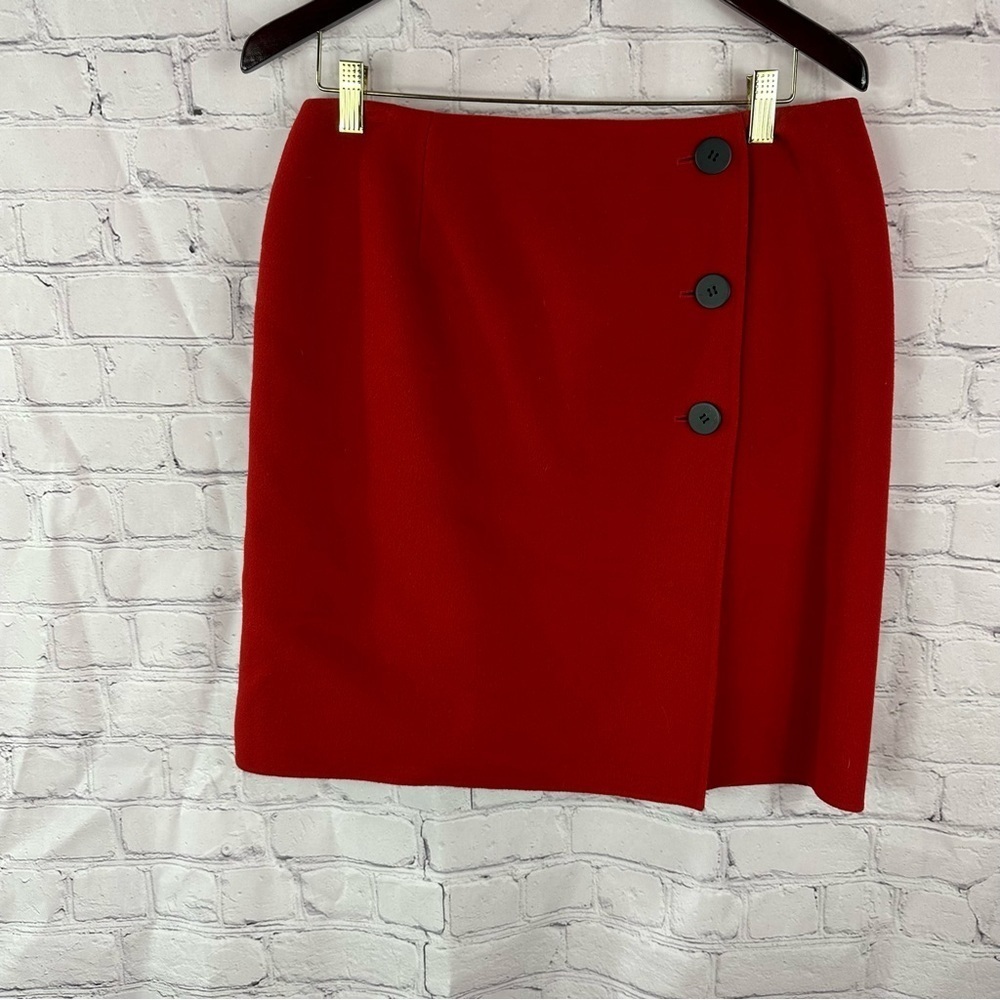 Talbots deep Red wool faux wrap Mini Pencil Skirt button accents sz petite 12